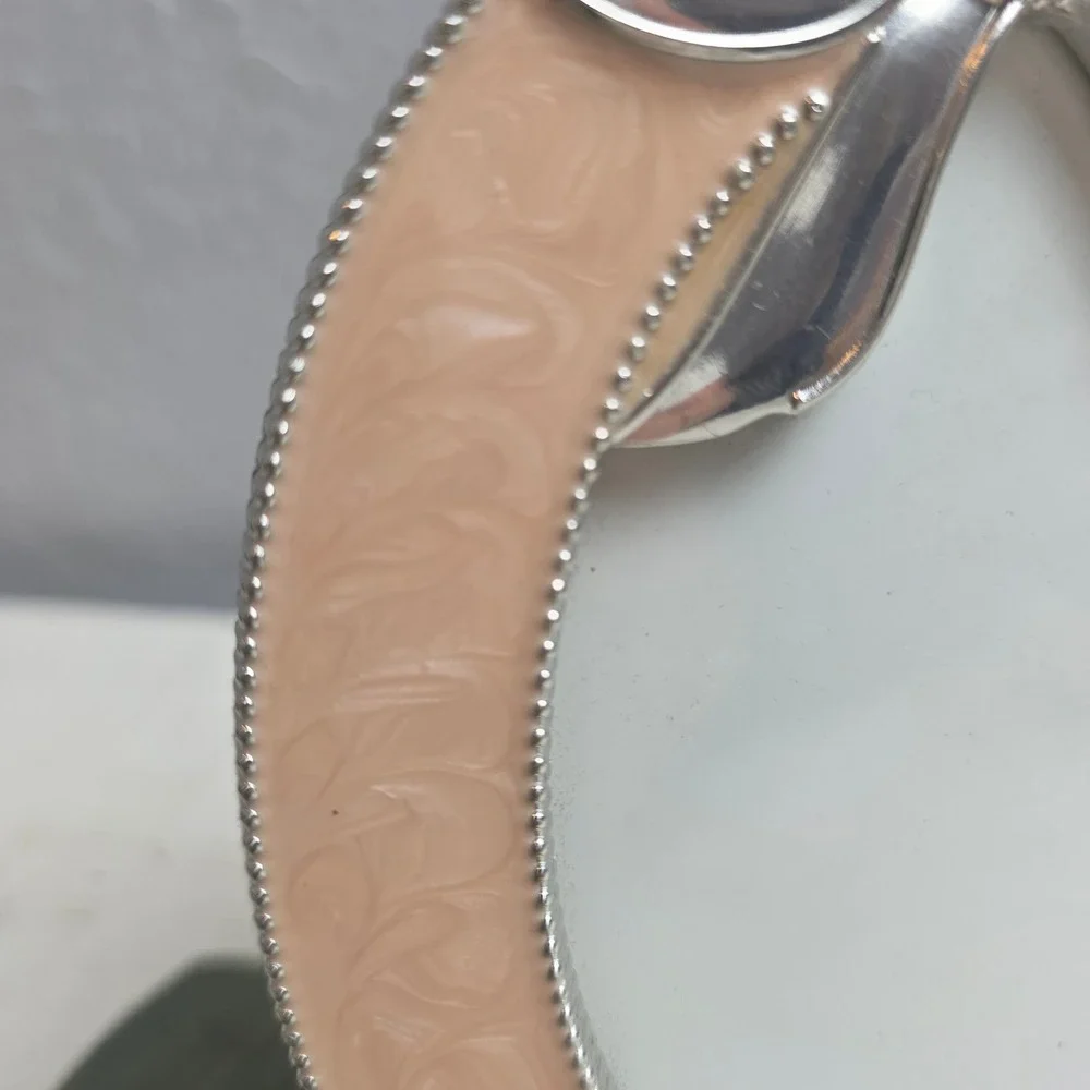 Silver Tone Peachy Pink Enamel Bow Oval Picture Frame‎ Beaded Edge Tabletop
